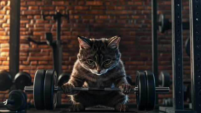 A muscular cat lifting dumbbells in a modern fitness center. Animal gym