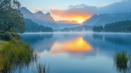 Misty Sunrise Over a Serene Lake