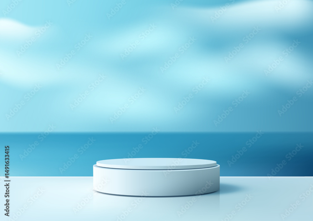 Aufkleber 3d white round platform on glossy surface with ocean sky background 3d minimal mockup product displa