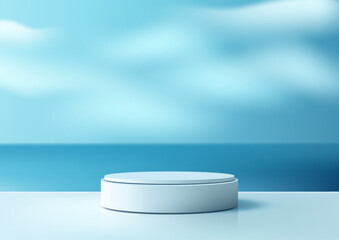3D white round platform on glossy surface with ocean sky background 3d minimal mockup product display showcase