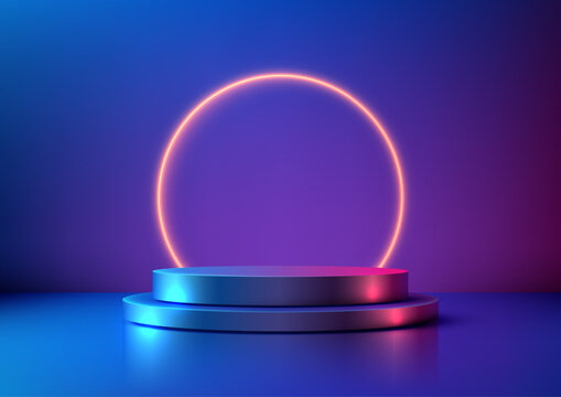 futuristic 3D round podium with blue purple gradient and neon orange glow high tech and modern display