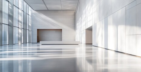 Sunlit minimalist interior with expansive windows, sleek white walls, and polished floors; a spacious, modern lobby or gallery
