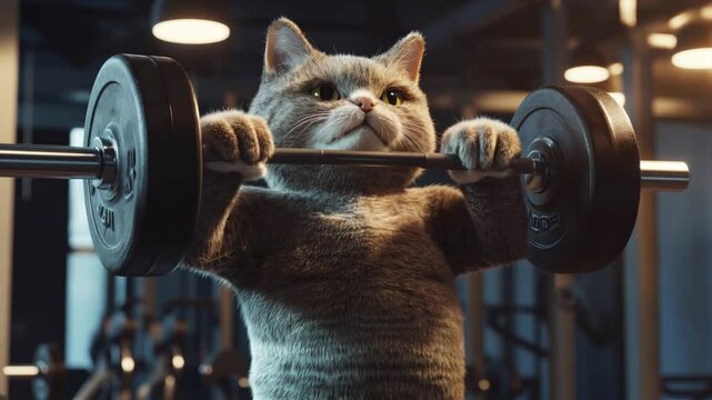 A muscular cat lifting dumbbells in a modern fitness center. Animal gym