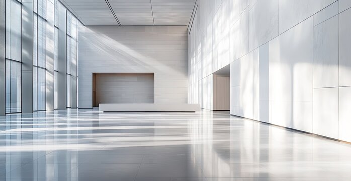 Sunlit minimalist interior with expansive windows, sleek white walls, and polished floors; a spacious, modern lobby or gallery