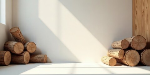 Sunlit Room Interior Featuring Stacks of Rustic Wood Logs Against a Neutral Wall