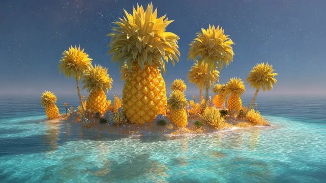 Surreal nighttime scene of a tropical island formed entirely of pineapples and pineapple trees in a teal ocean under a starry sky. Dreamlike and vibrant.