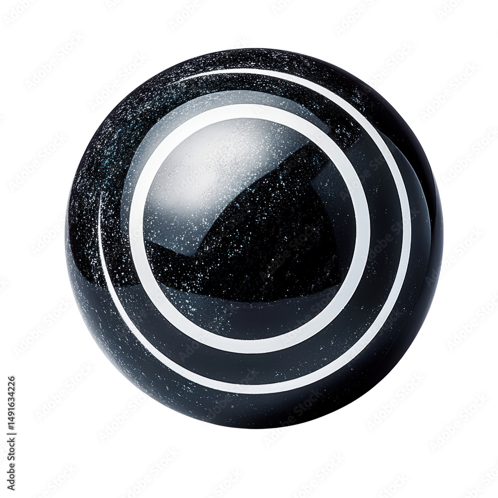 Poster close-up view of a glossy black spherical object with reflective surface and starry pattern, illustr