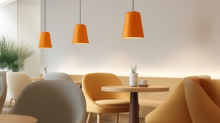 Modern Cafe Interior Design with Round Tables and Orange Pendant Lights