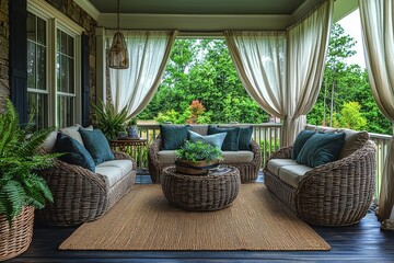 Cozy covered porch with dark wood floors, dark blue and green furniture accents, white sheer curtains, natural light filled relaxing outdoor space