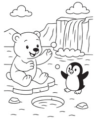 Coloring book polar bear and penguin share a happy moment near an waterfall