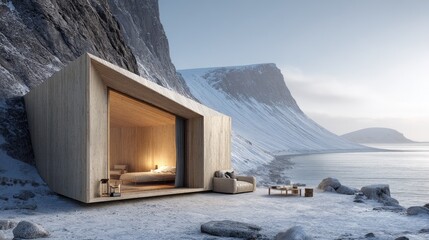 Coastal Cabin Retreat Snowy Cliffside Refuge in Norways Fjords.