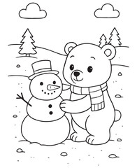 Coloring book polar bear builds a jolly snowman in a snowy wonderland.
