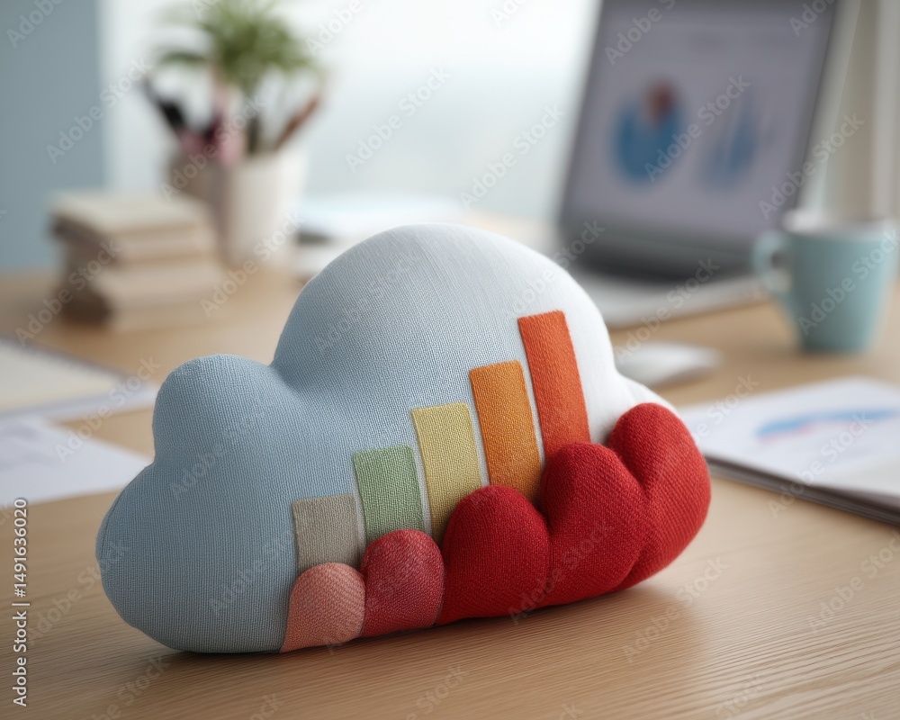 Poster a soft cloud-shaped plush with colorful bar chart details sits on a tidy office desk, with blurred c