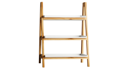 A modern three tiered shelf made of wood and white material stands against a clean white background indoors.