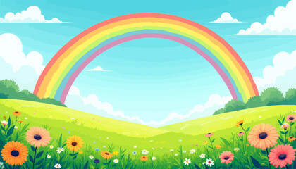 Bright Rainbow Over Blooming Meadow in Spring