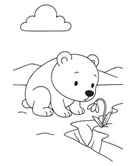 Coloring book polar bear discovers a brave snowdrop blooming through icy cracks.