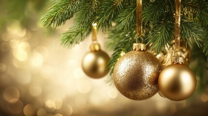 Three shiny gold Christmas ornaments hanging on a green pine tree branch with soft lighting.