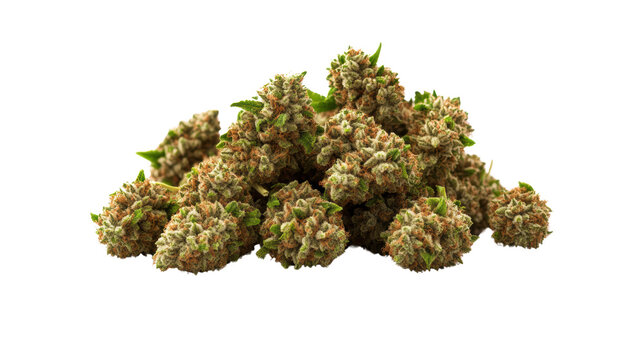 An isolated pile of fresh harvested medical marijuana buds lies on a pure white background in a studio shot.