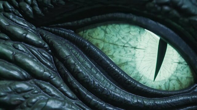 Mystical Dragon's Eye Closeup: Green-Blue Evil Gaze of a Fantasy Mythological Creature. Ancient Reptilian Monster in Dark, Moody Tones. Hyperrealistic 3D Illustration, Oil Painting Style.