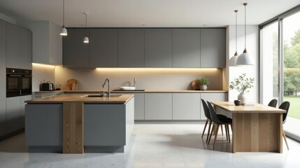 Modern minimalist kitchen design featuring sleek gray cabinetry, a light wood island, and a minimalist dining area with natural light