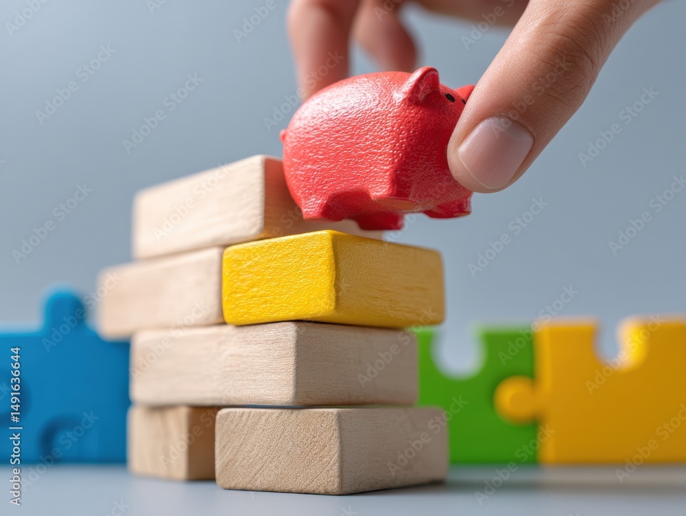 Aufkleber neuroeconomic risk visualization minimalist piggy bank balancing on modular wooden blocks - dynamic 