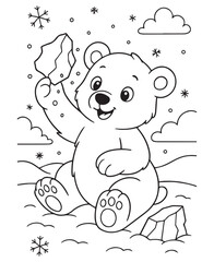 Coloring book polar bear juggles an ice chunk amidst falling snowflakes