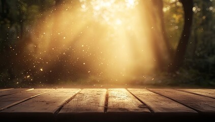 Sunlit wooden table in a dappled forest, dust motes dancing in golden light beams