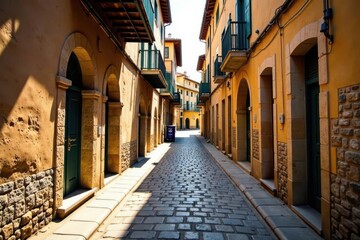 Fototapeta premium Sun-Drenched Cobblestone Lane Picturesque Residential Street with Traditional Architecture and Charming Details