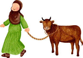 watercolor illustration of eid al adha woman with cow