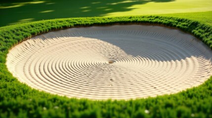 Serene Sandscape A meticulously raked sand trap on a lush green golf course, bathed in sunlight, showcasing the circular patterns of the sand.