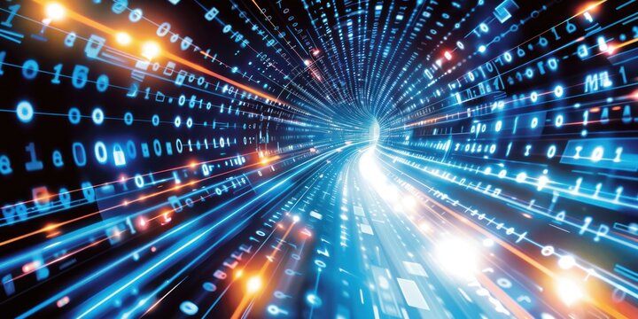 A digital tunnel with binary code and light streaks, illuminated by neon lights.