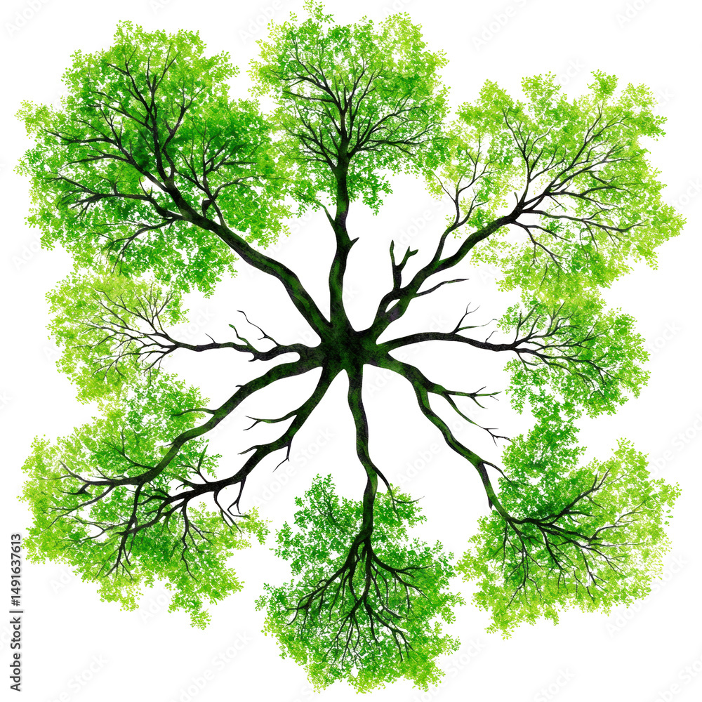 Poster vibrant green deciduous tree with lush foliage and intricate branching pattern viewed from below, sy