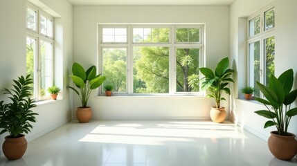 Fototapeta premium Bright Sunlight Illuminates a Room with Lush Potted Plants and Large Windows Offering a Serene View