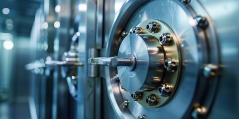 A metallic, industrial setting with a large, round, metallic door with a keyhole and a key in it, surrounded by other metallic objects and machinery in a dimly lit, industrial environment.