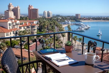 Fototapeta premium Balcony workspace with ocean view coffee break remote work travel and coastal landscape