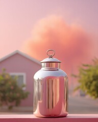 Climate Resilience Essentials Metallic Emergency Water Storage Canister with Sunset-Illuminated Suburban Preparedness Aesthetic for Modern Safety Strategies