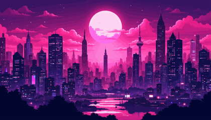 Obraz premium Magical Cityscape at Dusk with Moonlit Skyline