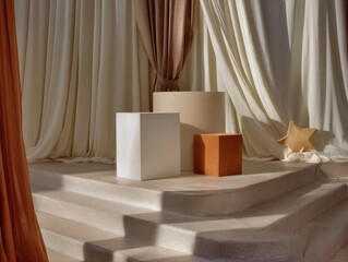 Minimalist Graduation Stage Design Elegant Neutral Geometric Platforms with Celestial Star Accent - Premium Event Styling for Academic Achievement Narratives