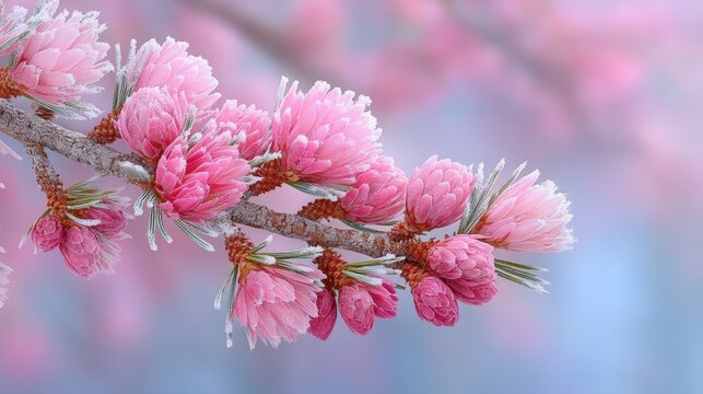 Close-up of a tree branch with vibrant pink flowers against a soft blurred background, daytime.