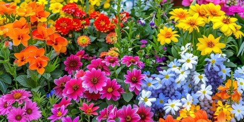 Obraz premium A vibrant flower garden with a variety of colorful flowers in full bloom, including daisies, marigolds, and zinnias, set against a lush green background.