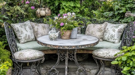 A charming, outdoor seating area with decorative garden elements.
