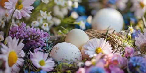 Fototapeta premium A nest with eggs and flowers in a garden setting.