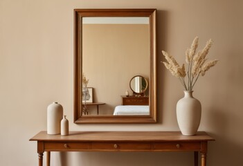 On the table by the mirror there is a vase with flowers on it