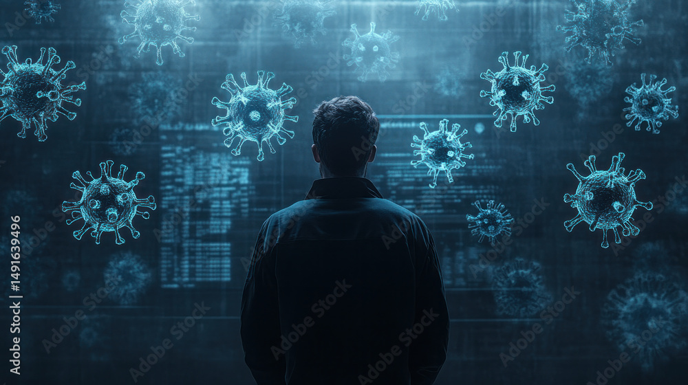 Poster a man is looking at a computer screen with a virus on it. the virus is shown in different sizes and 