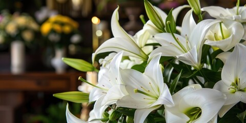 Obraz premium A bouquet of white lilies with green stems and leaves, placed on a wooden table with a blurred background of other flowers and a wooden chair.