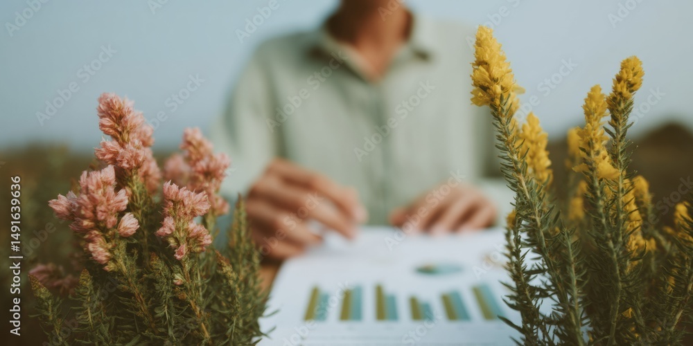 Poster eco-conscious data insights millennial professionals analyzing sustainability metrics with botanical