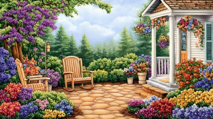 Fototapeta premium A picturesque, spring-time garden scene with a charming, outdoor porch.
