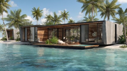 Obraz premium Tropical dream Modern beach house with turquoise water and palm trees.