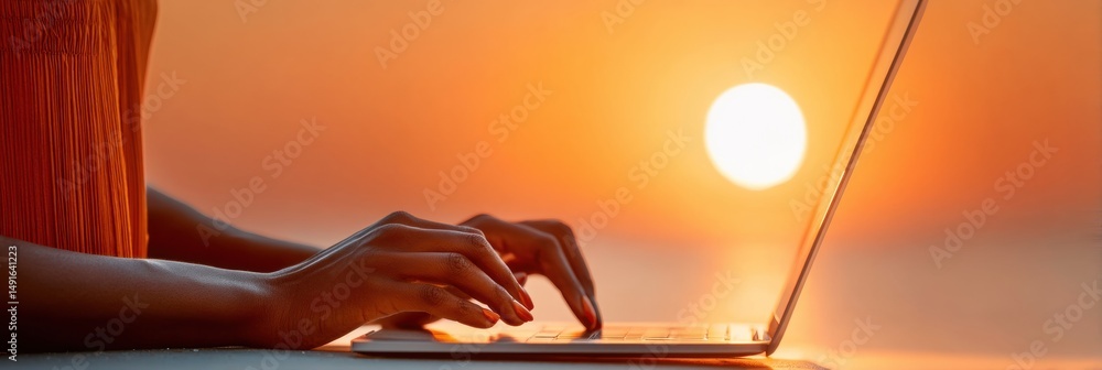 Poster sunset productivity flow minimalist remote work aesthetic with golden hour digital nomad workspace -