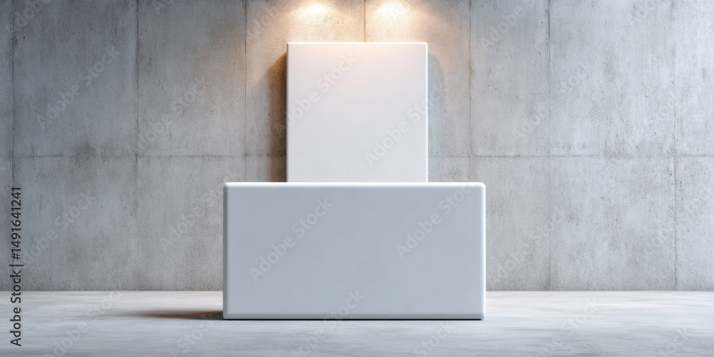 Aufkleber minimalist industrial branding mockup sleek white modular display stand with dramatic lighting for p